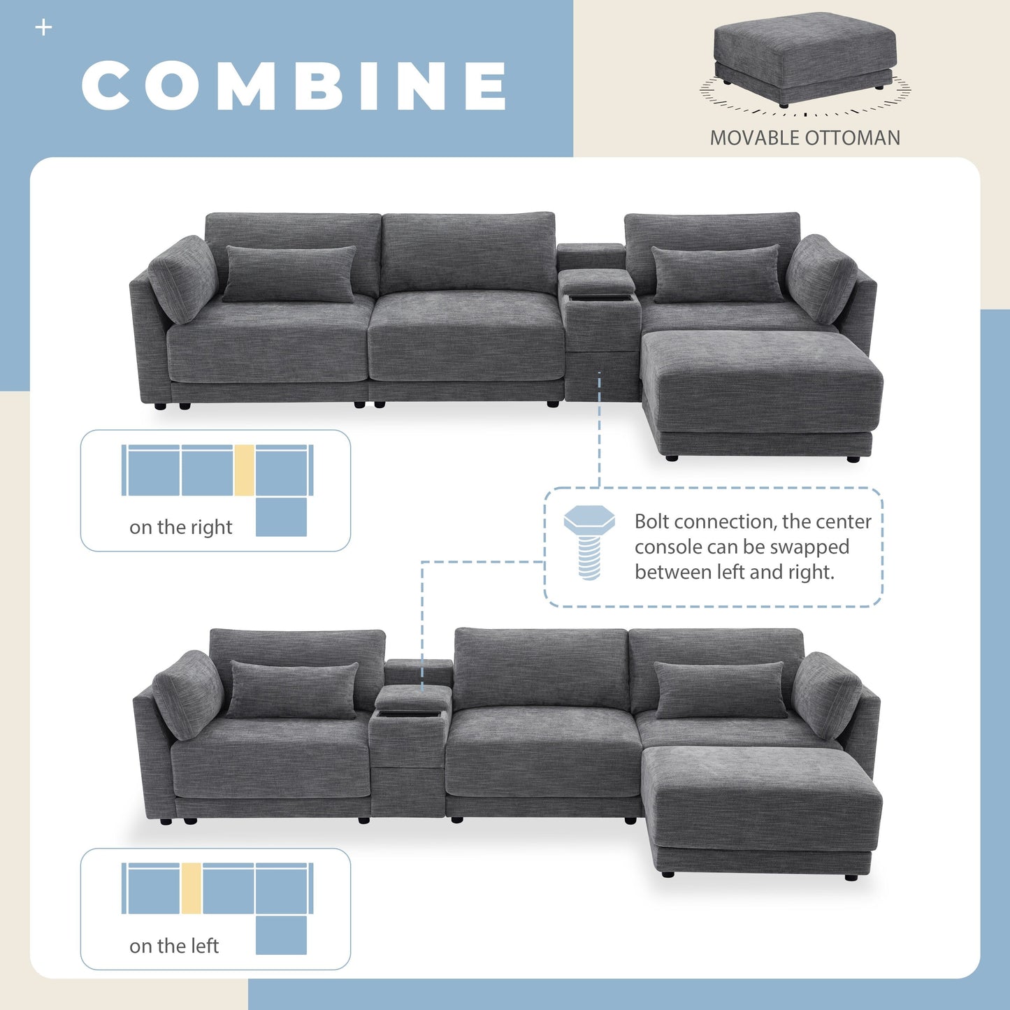 Canapé modulaire en chenille Roomfitters avec console USB, pouf mobile et large canapé réversible 4 places en L