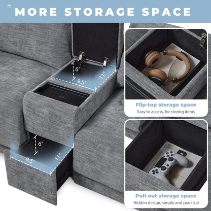 Canapé modulaire en chenille Roomfitters avec console USB, pouf mobile et large canapé réversible 4 places en L