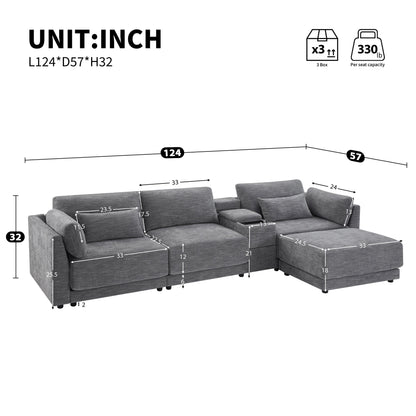 Canapé modulaire en chenille Roomfitters avec console USB, pouf mobile et large canapé réversible 4 places en L