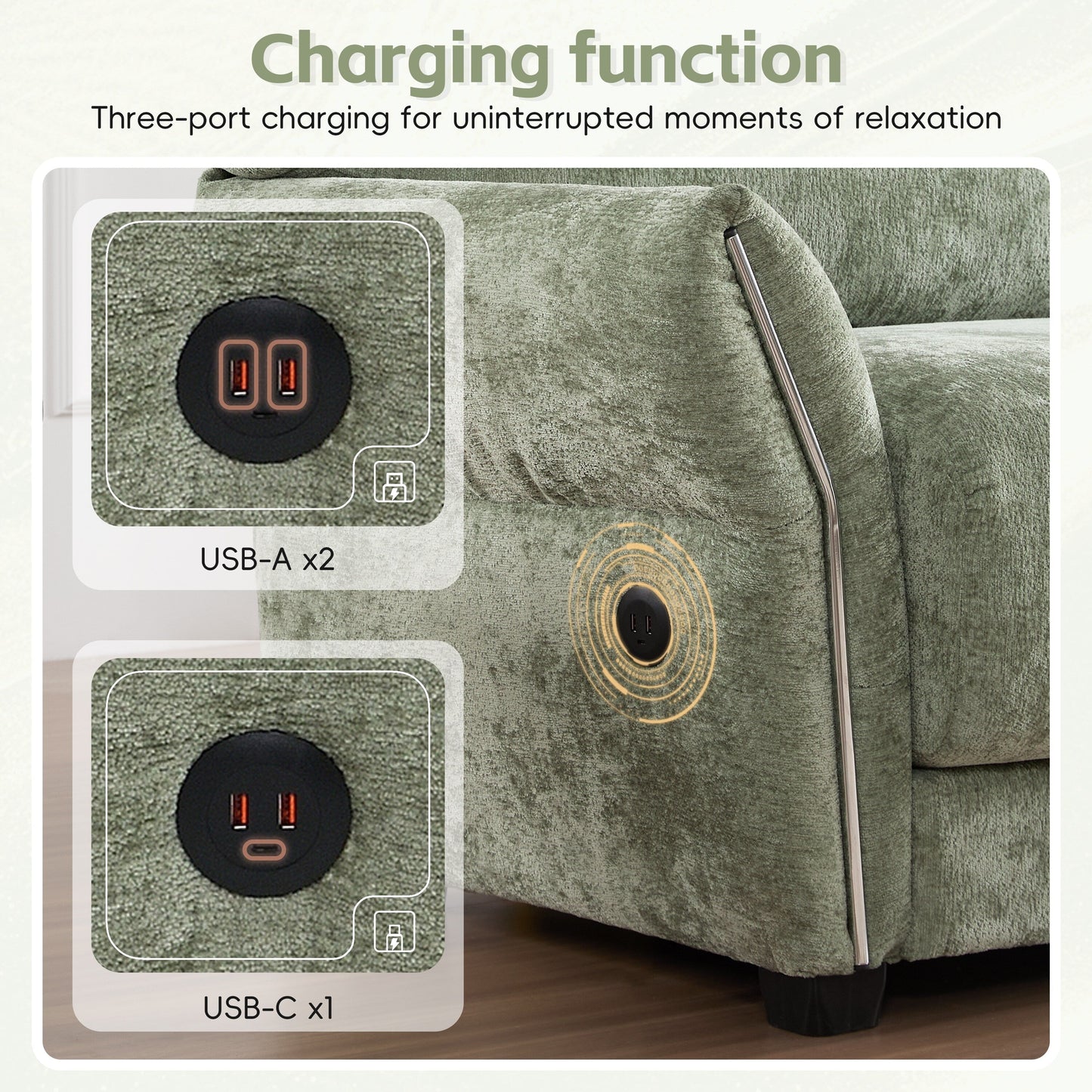 Canapé modulaire en L Roomfitters avec large assise en chenille, chargeur USB Type-C et pouf, accoudoirs en pétales, mousse haute