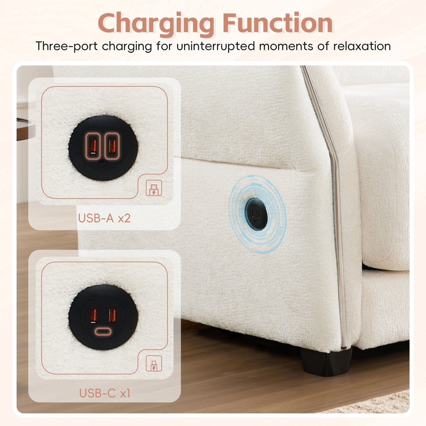 Canapé modulaire en L Roomfitters avec large assise en chenille, chargeur USB Type-C et pouf, accoudoirs en pétales, mousse haute