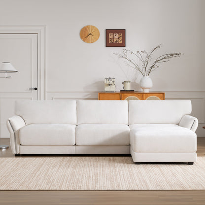 Canapé modulaire en L Roomfitters avec large assise en chenille, chargeur USB Type-C et pouf, accoudoirs en pétales, mousse haute