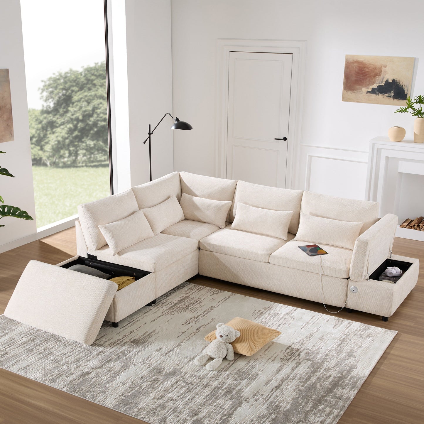 Canapé modulable gigogne Roomfitters avec pouf de rangement, sectionnel en chenille surdimensionné en forme de L pour appartement