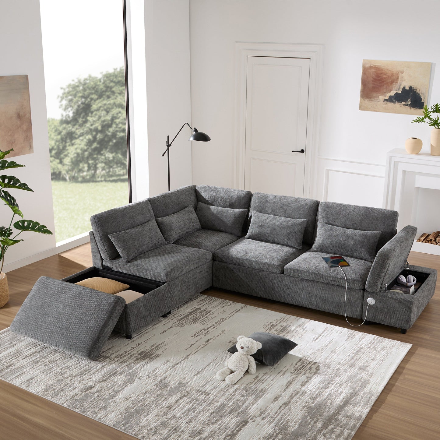 Canapé modulable gigogne Roomfitters avec pouf de rangement, sectionnel en chenille surdimensionné en forme de L pour appartement