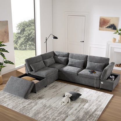 Canapé modulable gigogne Roomfitters avec pouf de rangement, sectionnel en chenille surdimensionné en forme de L pour appartement