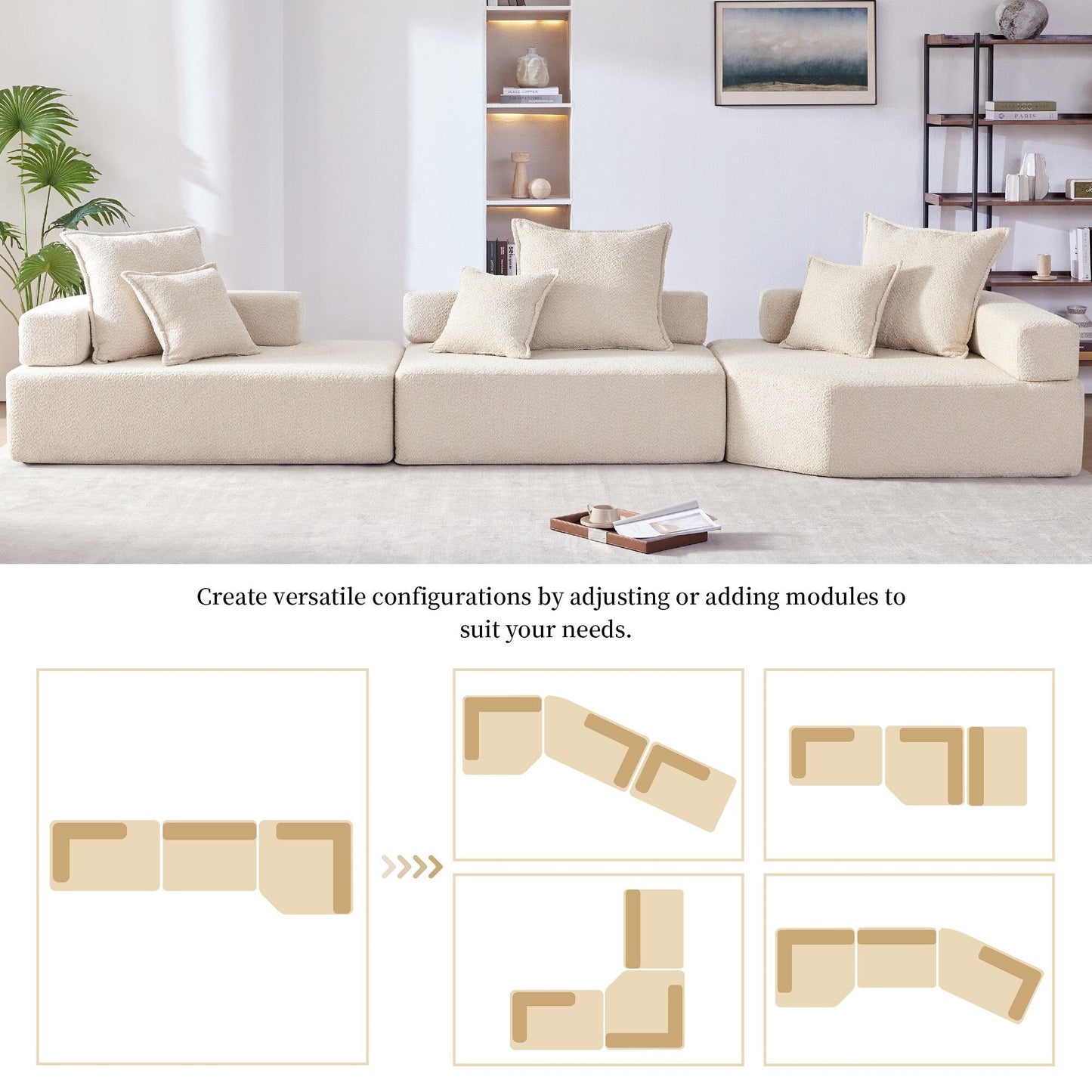 Canapé d'angle modulaire Roomfitters avec ensemble de 3 pièces en tissu bouclé, canapé de salon convertible rembourré de mousse, beige