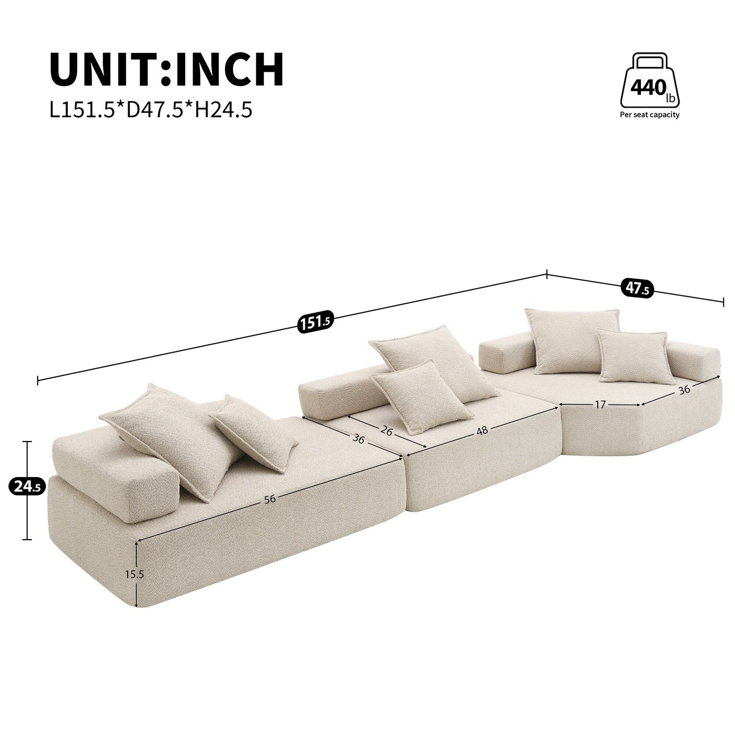 Canapé d'angle modulaire Roomfitters avec ensemble de 3 pièces en tissu bouclé, canapé de salon convertible rembourré de mousse, beige