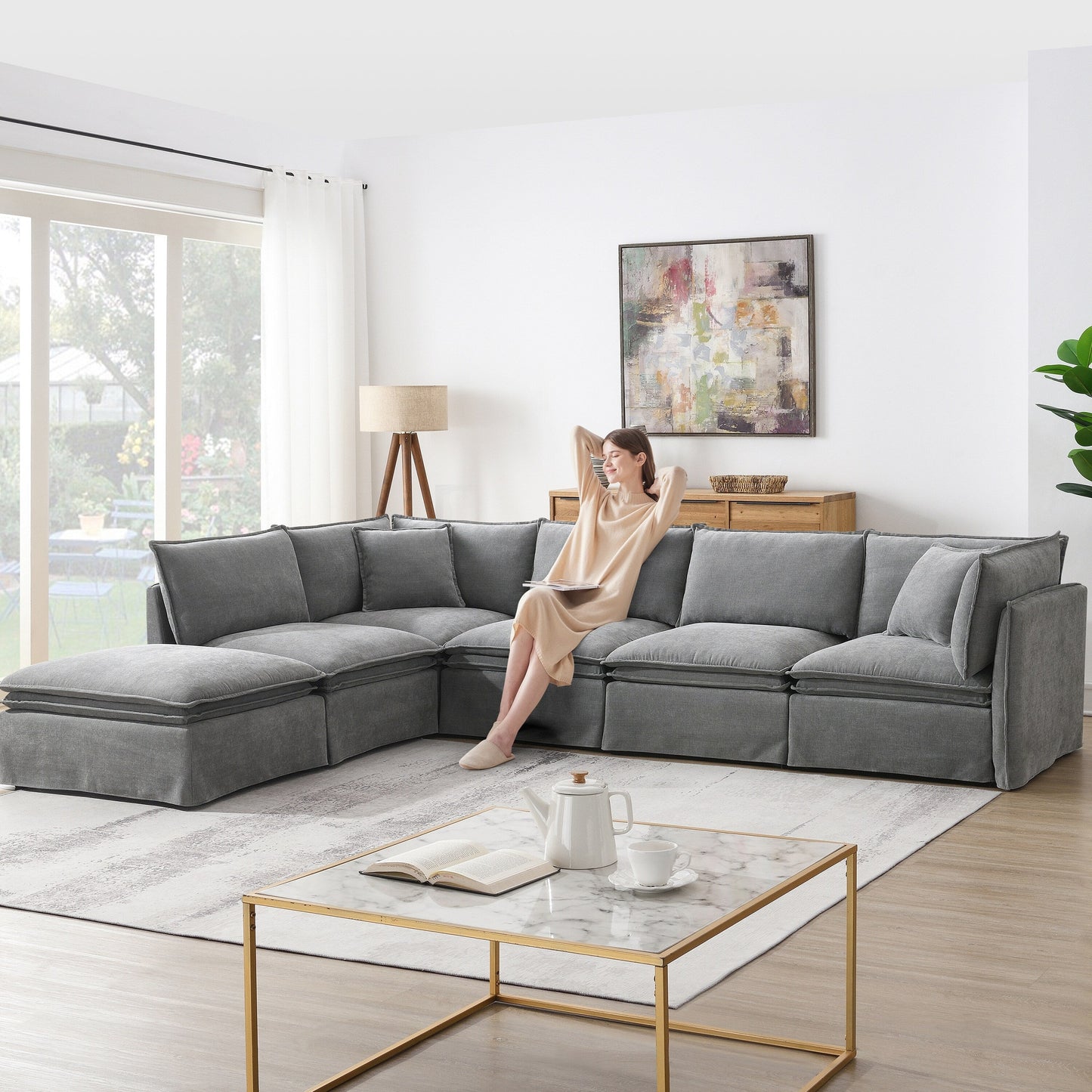 Canapé modulable sectionnel Roomfitters avec pouf amovible, large canapé 6 places en chenille en forme de L pour salon