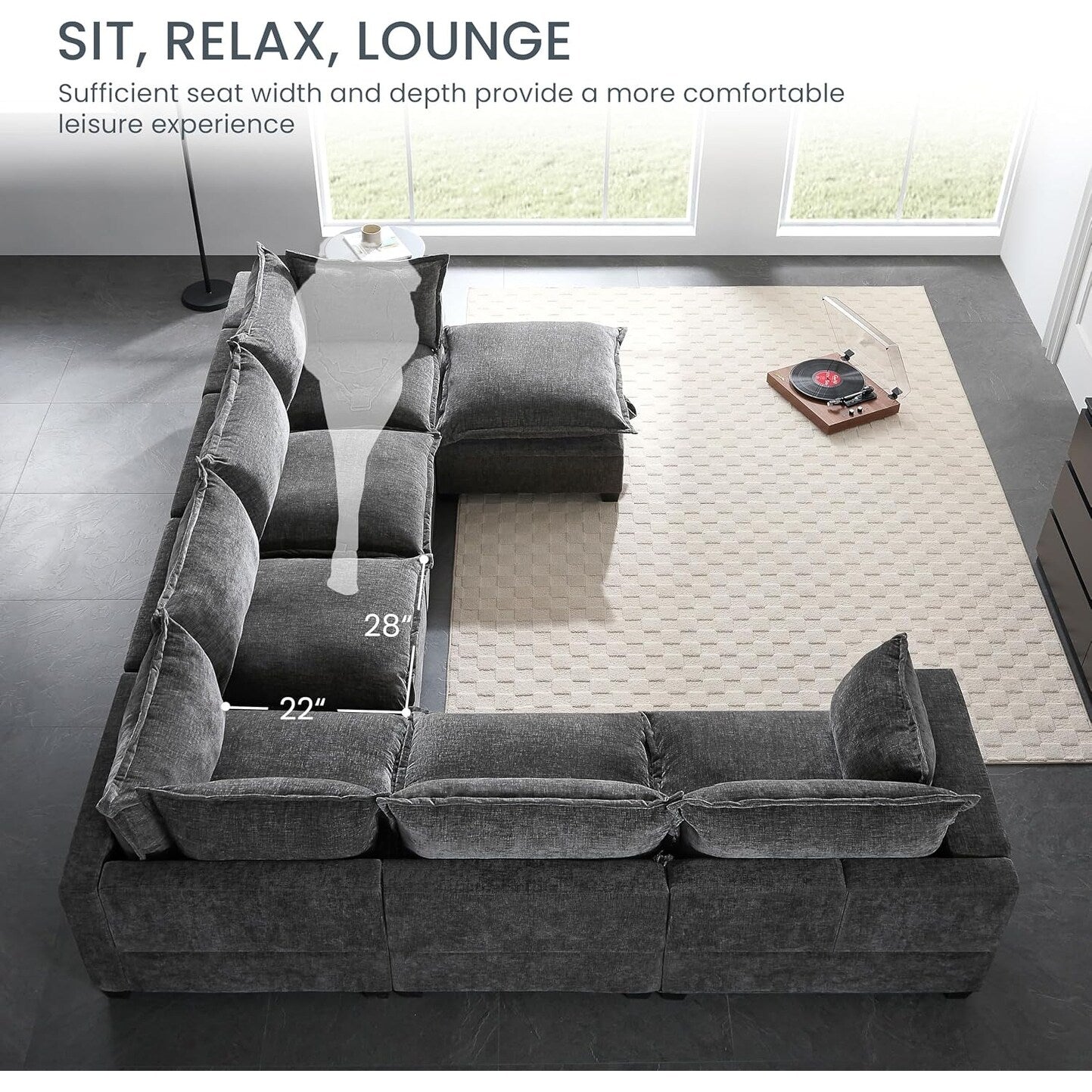 Canapé modulaire en chenille en forme de U avec pouf de rangement, aménagement libre, 7 places, grand format, pour salon