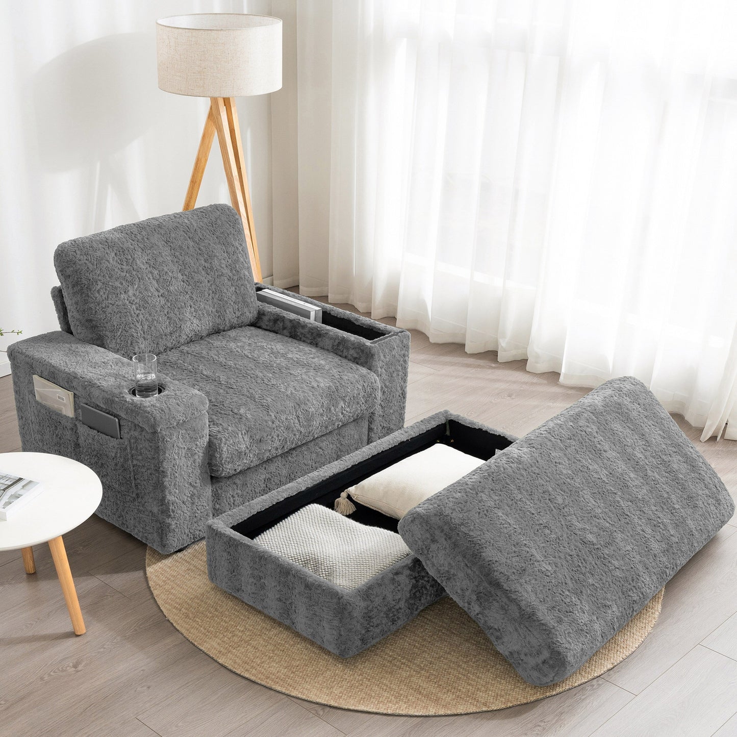 Canapé-lit surdimensionné Roomfitters avec repose-pieds et fauteuil-lit en fausse fourrure avec porte-gobelets