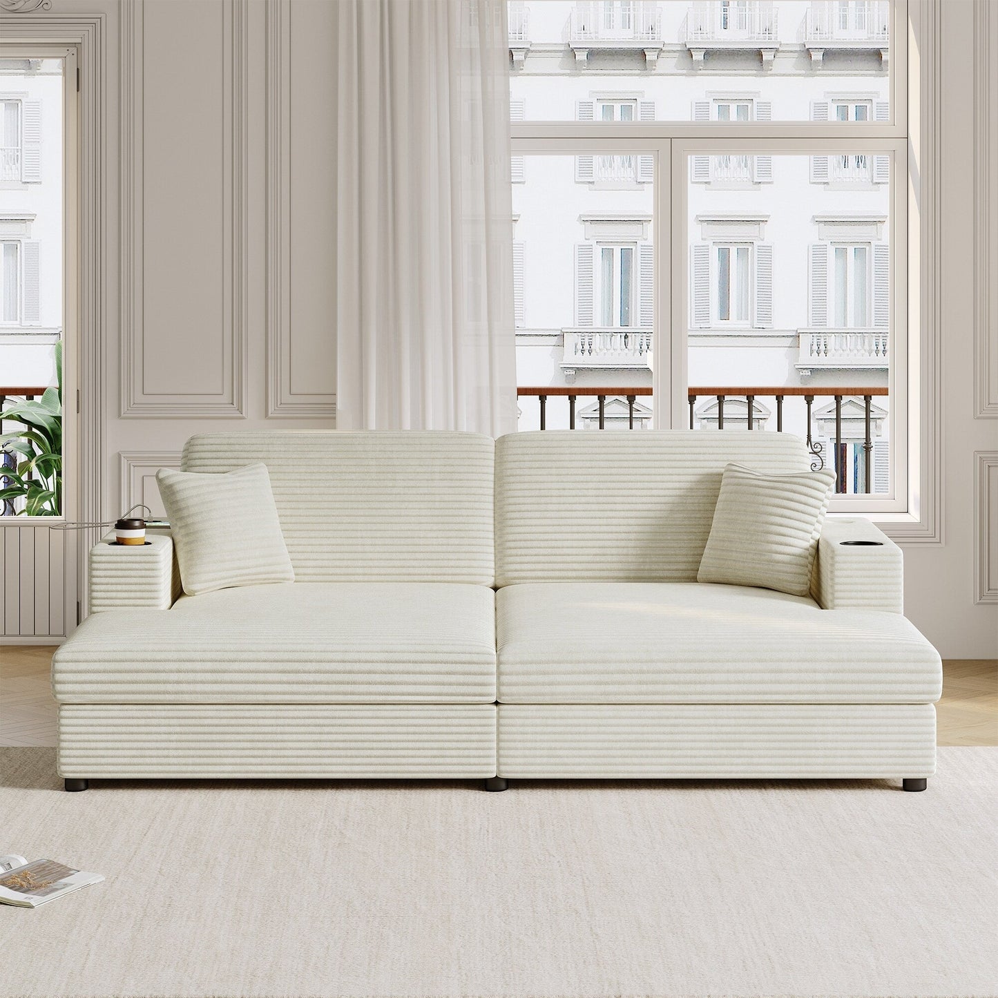 Canapé-lit sectionnel surdimensionné Roomfitters, avec méridienne, canapé-lit en velours côtelé, ports USB et porte-gobelets