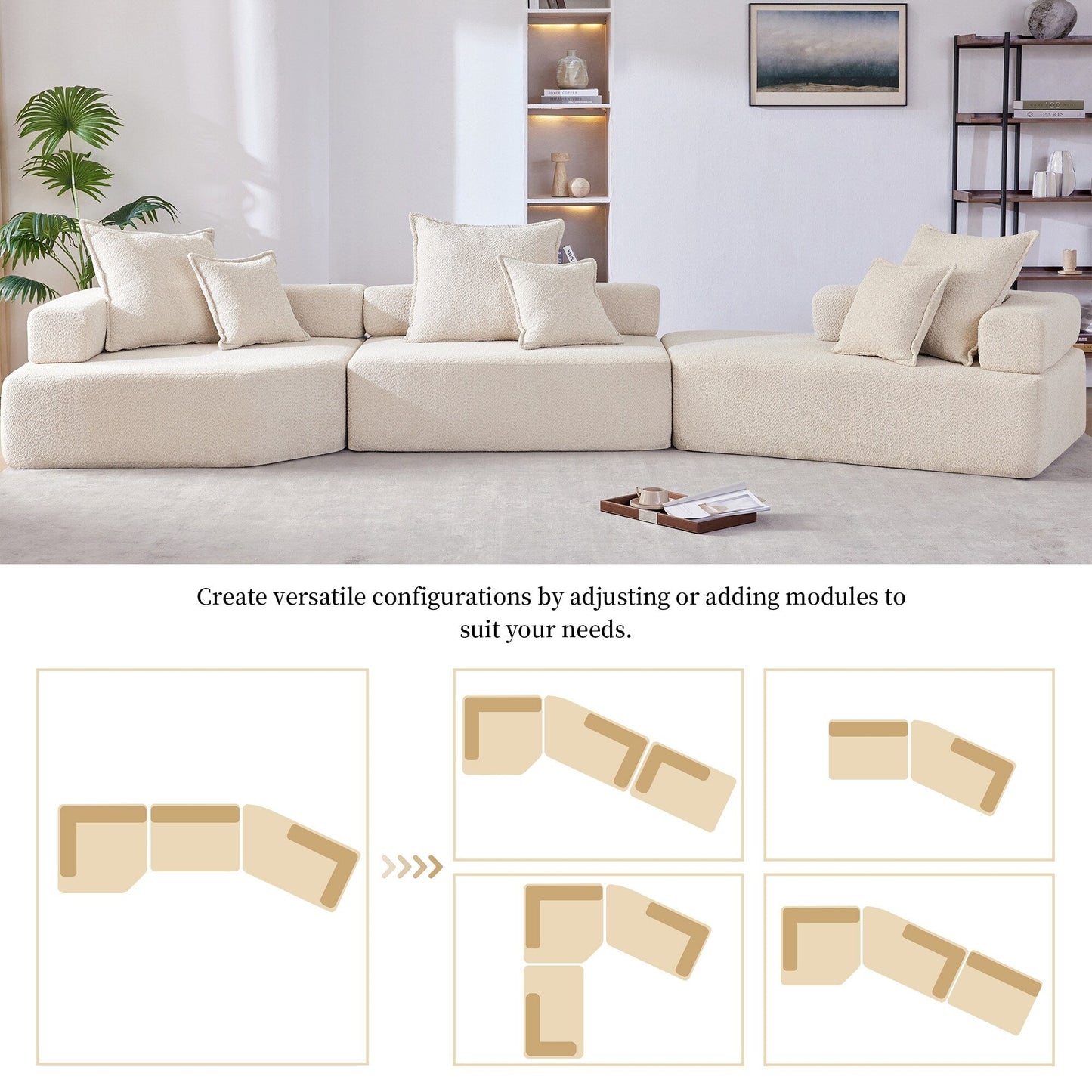 Canapé modulaire surdimensionné Roomfitters avec ensemble boucle 3 pièces, canapé convertible pour salon, beige
