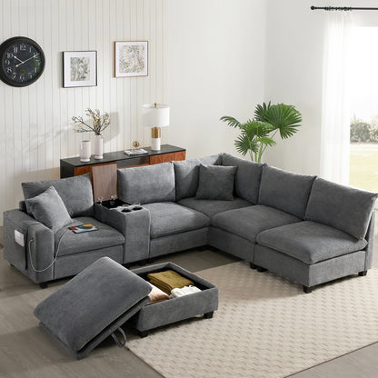 Canapé en velours côtelé surdimensionné en forme de U de Roomfitters avec pouf de rangement, console, chargeur USB et porte-gobelet