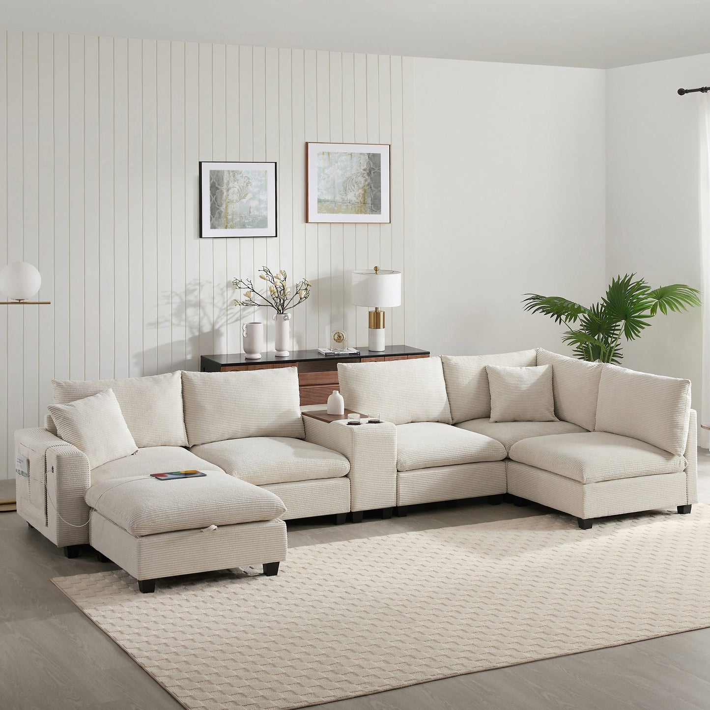 Canapé en velours côtelé surdimensionné en forme de U de Roomfitters avec pouf de rangement, console, chargeur USB et porte-gobelet