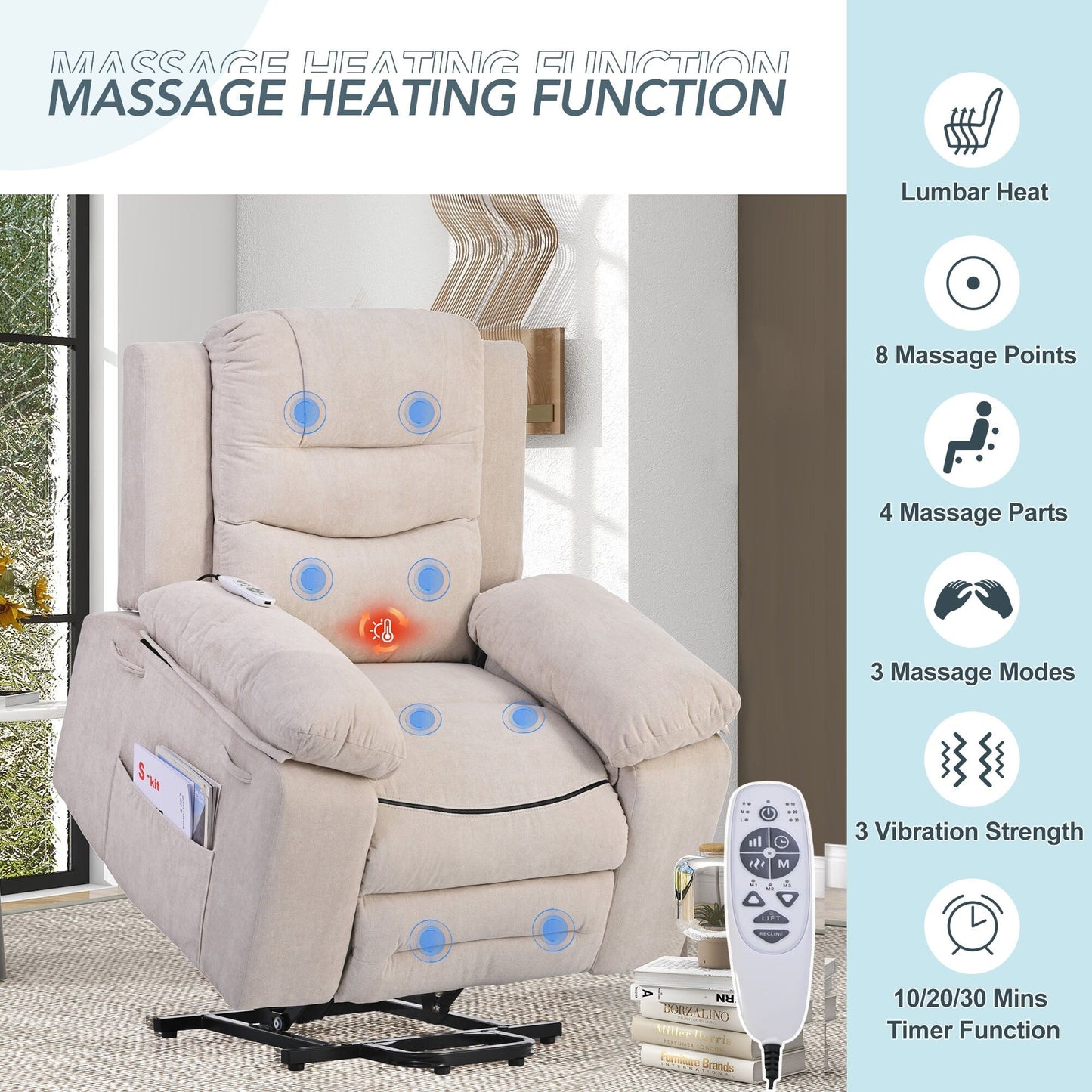 Fauteuil inclinable massant et releveur électrique Roomfitters avec chaleur apaisante, modes de massage réglables et options d'inclinaison infinies
