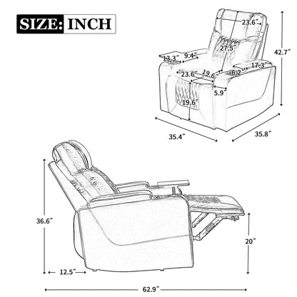 Fauteuil inclinable électrique Roomfitters avec ports de chargement USB, rangement dissimulé des accoudoirs, deux porte-gobelets et plateau pivotant à 360°