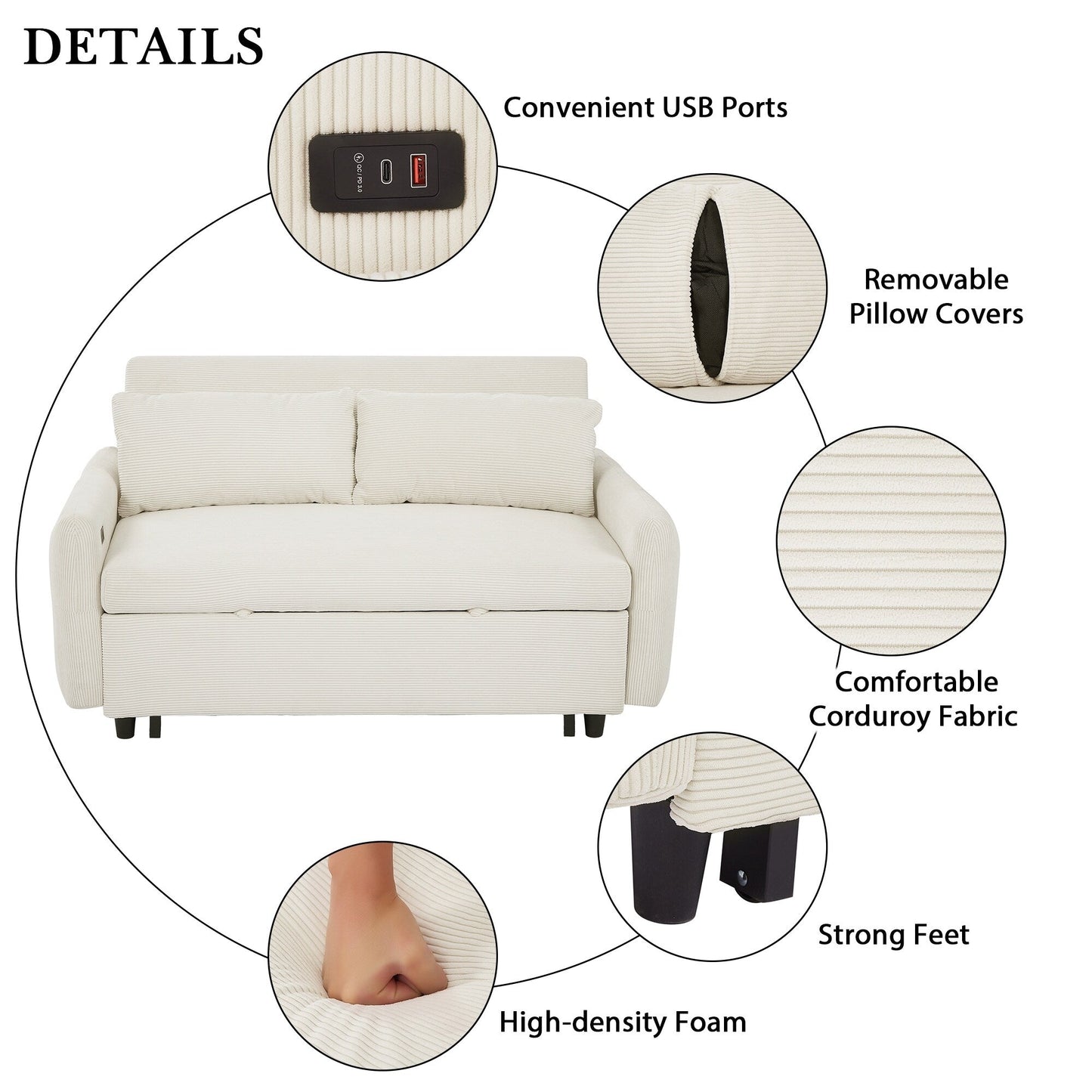 Canapé-lit convertible 2 places Roomfitters avec coussins décoratifs et ports USB, canapé-lit moderne, beige