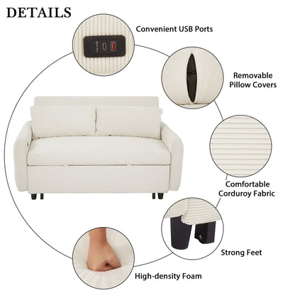 Canapé-lit convertible 2 places Roomfitters avec coussins décoratifs et ports USB, canapé-lit moderne, beige