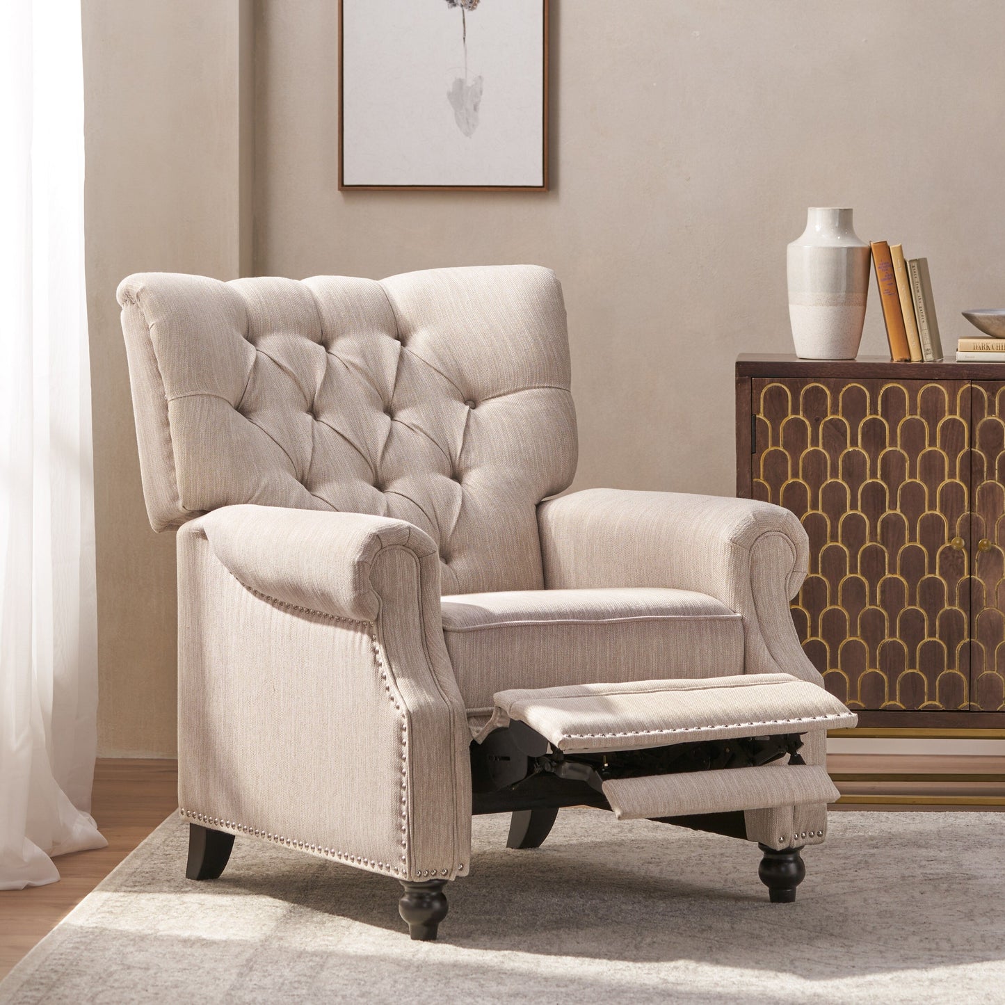 Fauteuil inclinable Roomfitters avec capitonnage à boutons et garniture cloutée, fauteuil d'appoint de salon à dossier relevable