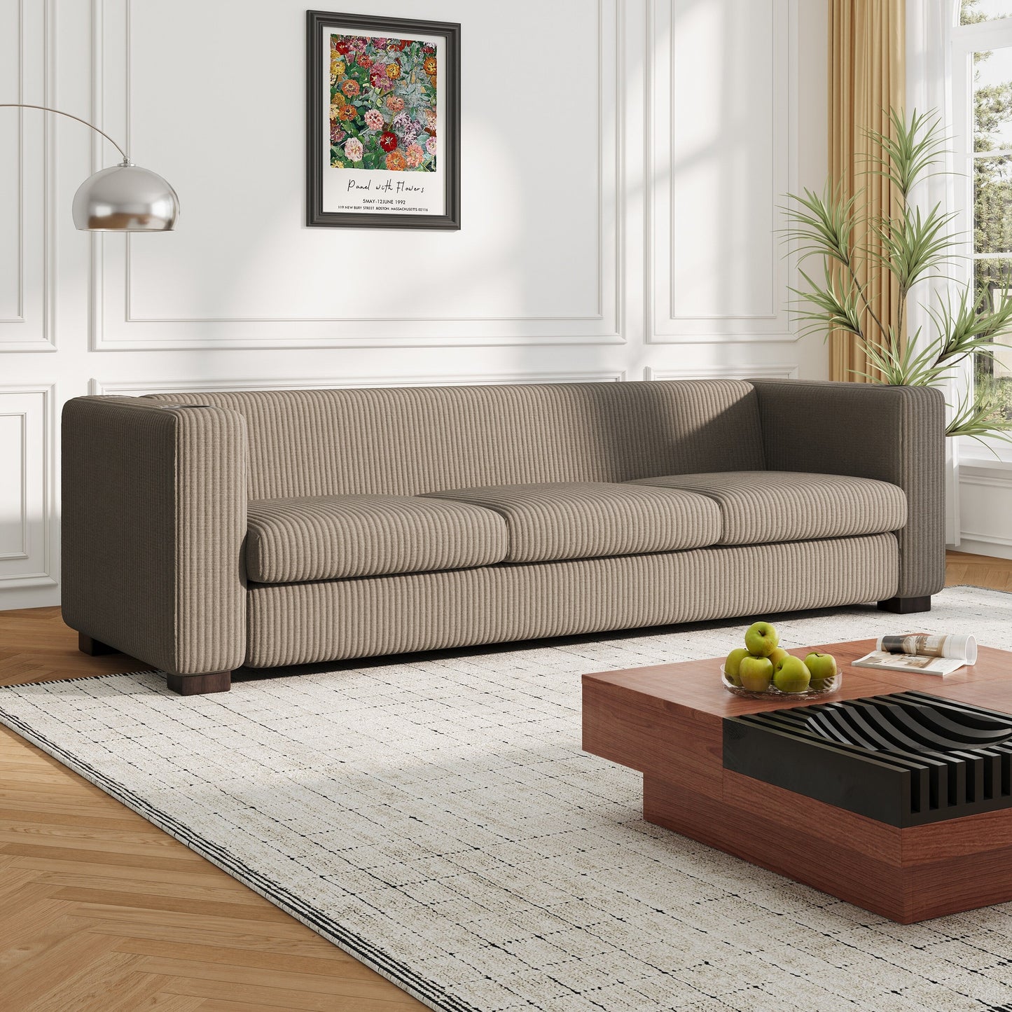 Canapé 3 places à accoudoirs droits en velours côtelé Roomfitters, canapé de salon contemporain