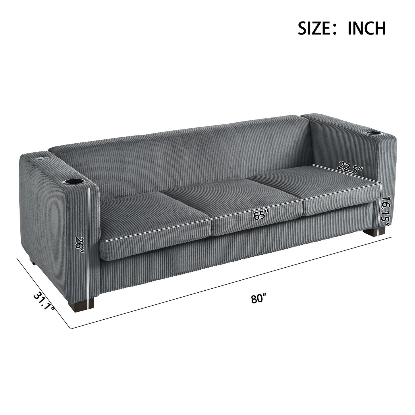 Canapé 3 places à accoudoirs droits en velours côtelé Roomfitters, canapé de salon contemporain