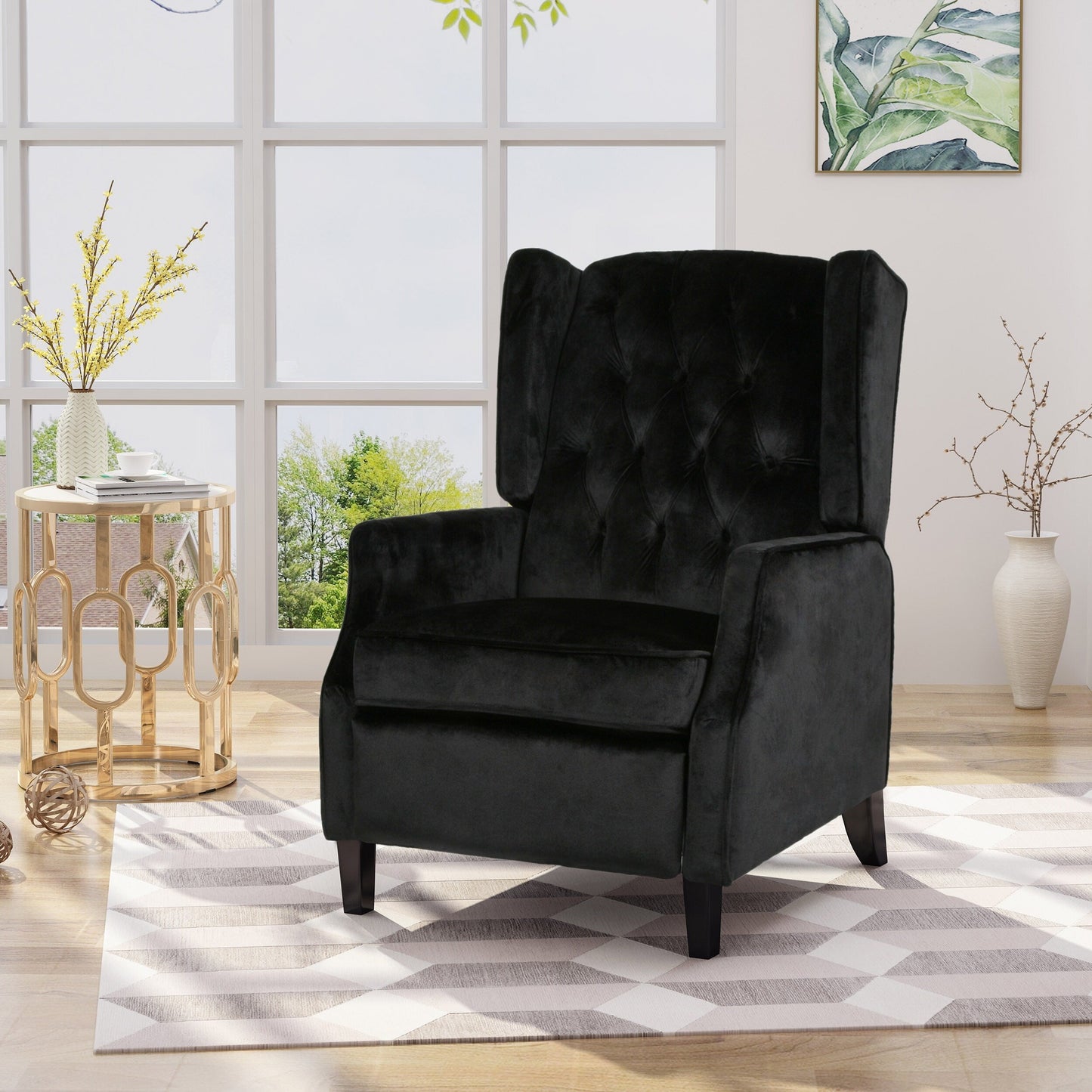 Fauteuil inclinable capitonné à oreilles et dossier relevable avec accoudoirs évasés, fauteuil d'appoint pour salon