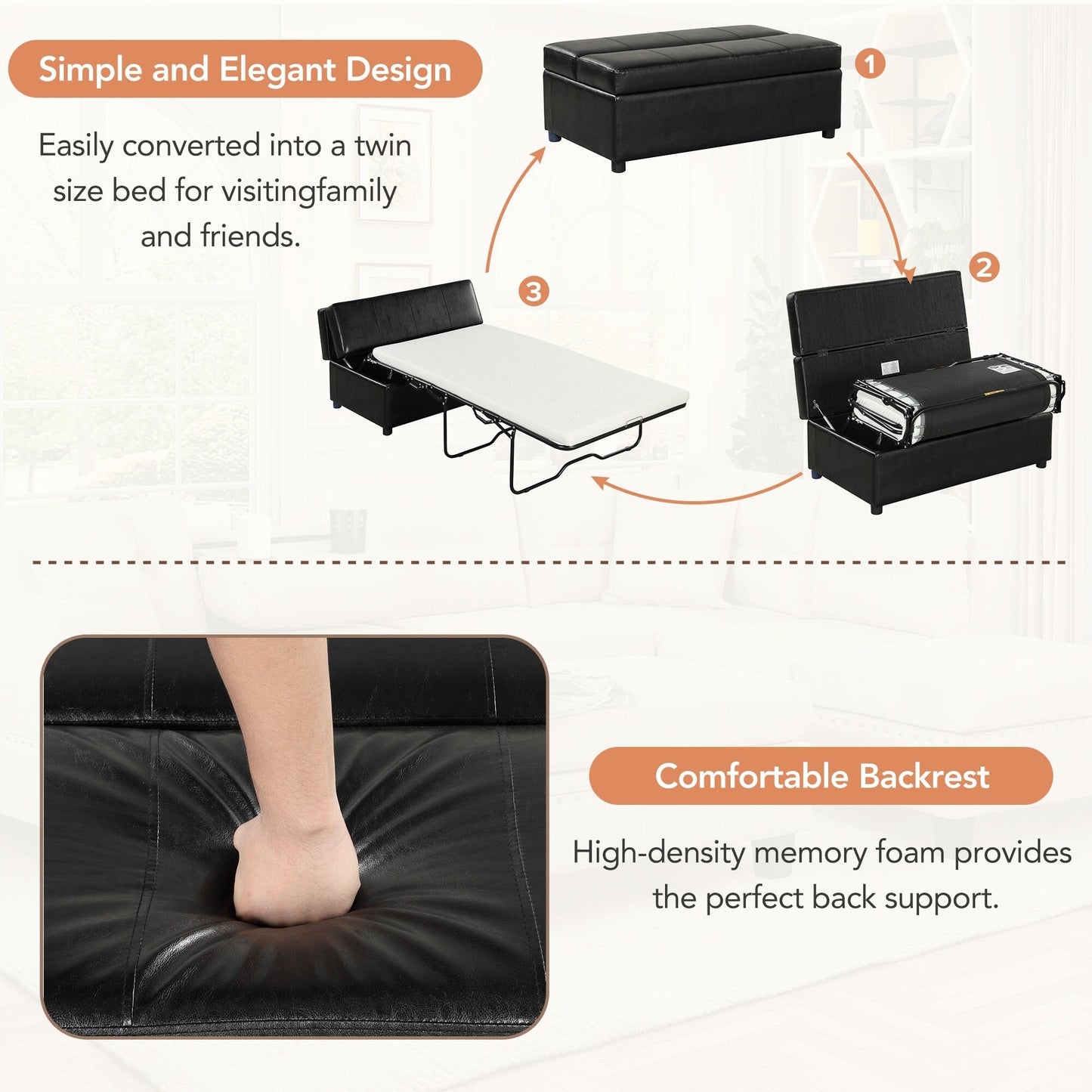 Lit d'appoint pliant double avec matelas, convertible et compact pour le salon.