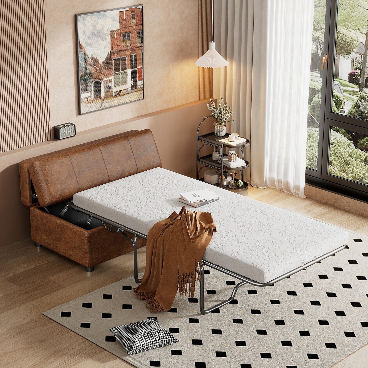 Lit d'appoint pliant double avec matelas, convertible et compact pour le salon.