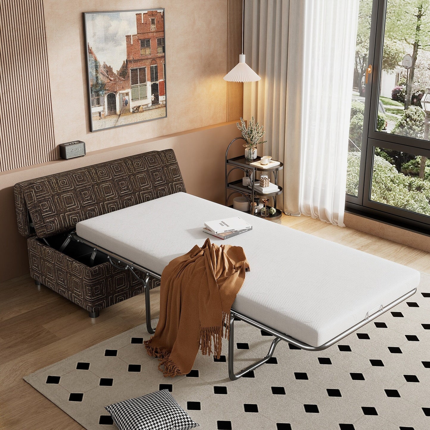 Lit d'appoint pliant double avec matelas, convertible et compact pour le salon.