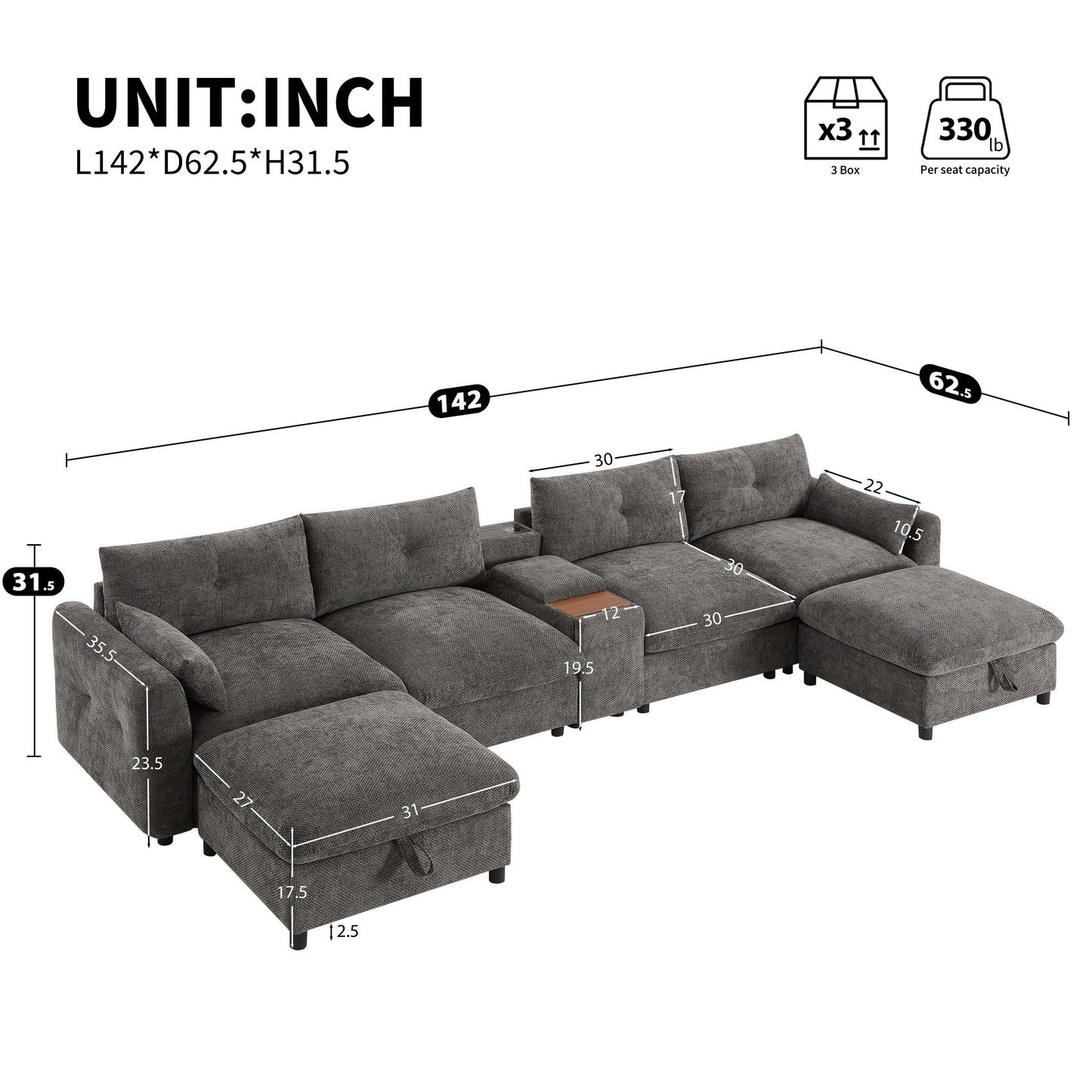 Canapé sectionnel en chenille en forme de U Roomfitters avec pouf de rangement, console USB et porte-gobelet, canapé modulaire 6 places