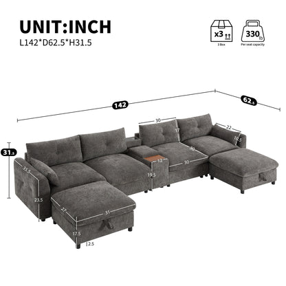 Canapé sectionnel en chenille en forme de U Roomfitters avec pouf de rangement, console USB et porte-gobelet, canapé modulaire 6 places