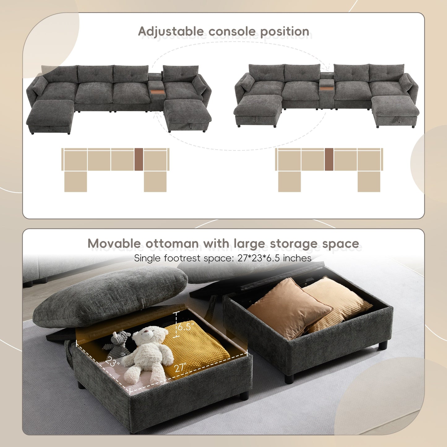 Canapé sectionnel en chenille en forme de U Roomfitters avec pouf de rangement, console USB et porte-gobelet, canapé modulaire 6 places