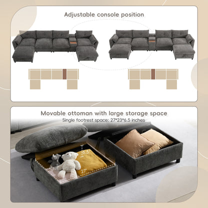 Canapé sectionnel en chenille en forme de U Roomfitters avec pouf de rangement, console USB et porte-gobelet, canapé modulaire 6 places