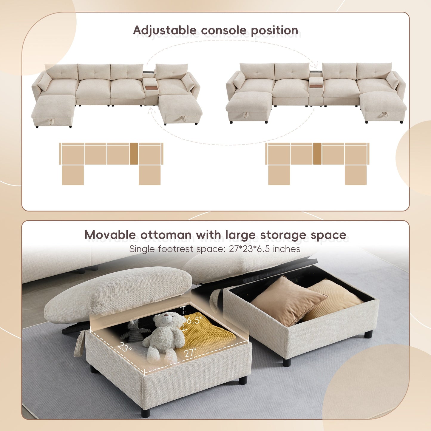 Canapé sectionnel en chenille en forme de U Roomfitters avec pouf de rangement, console USB et porte-gobelet, canapé modulaire 6 places