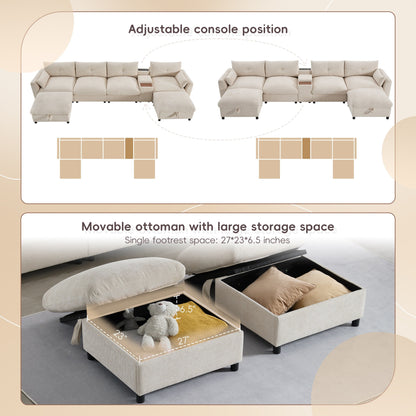 Canapé sectionnel en chenille en forme de U Roomfitters avec pouf de rangement, console USB et porte-gobelet, canapé modulaire 6 places