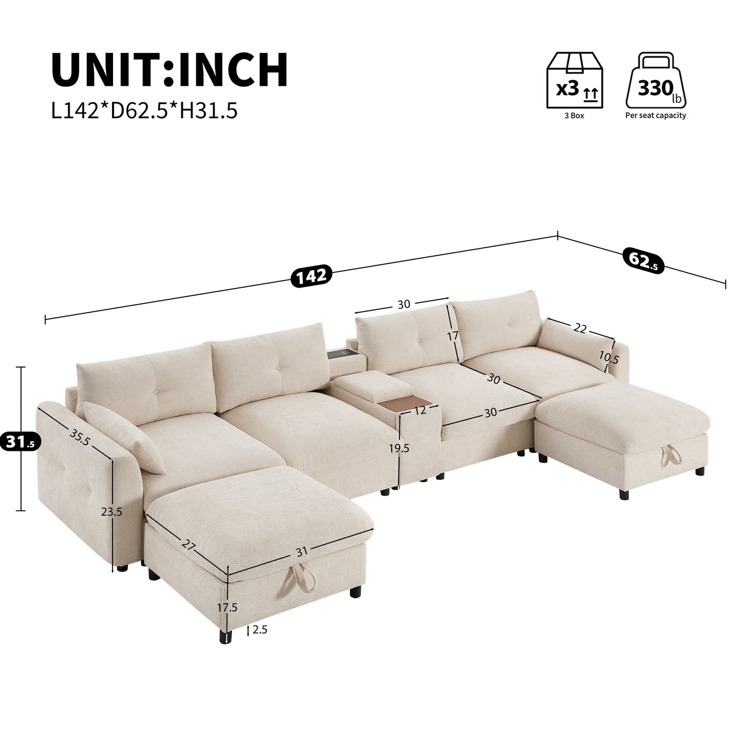 Canapé sectionnel en chenille en forme de U Roomfitters avec pouf de rangement, console USB et porte-gobelet, canapé modulaire 6 places