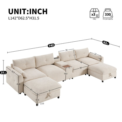 Canapé sectionnel en chenille en forme de U Roomfitters avec pouf de rangement, console USB et porte-gobelet, canapé modulaire 6 places