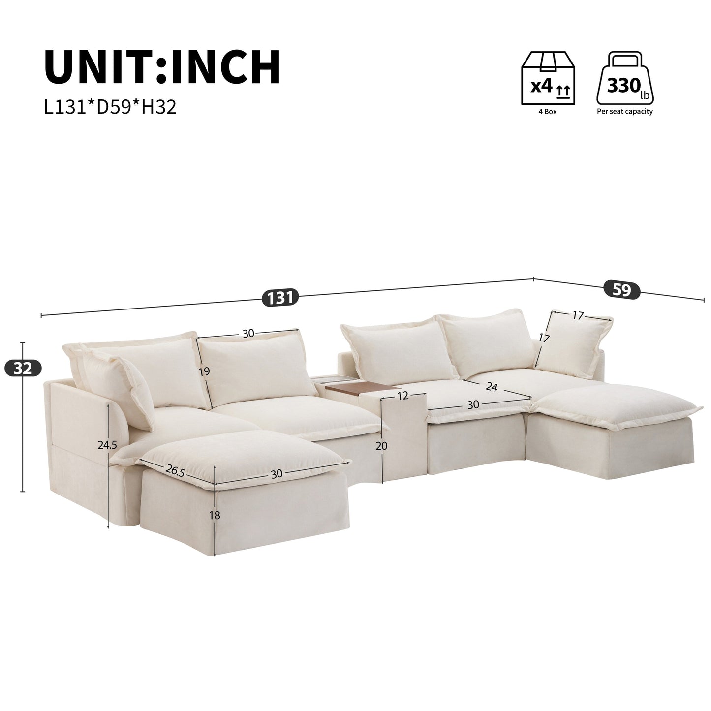 Canapé sectionnel en U Roomfitters avec pouf, console et porte-gobelet, canapé 6 places en chenille avec chargeur USB