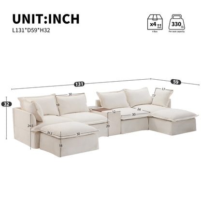 Canapé sectionnel en U Roomfitters avec pouf, console et porte-gobelet, canapé 6 places en chenille avec chargeur USB