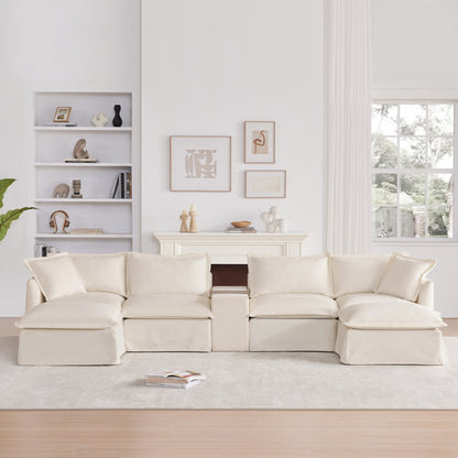 Canapé sectionnel en U Roomfitters avec pouf, console et porte-gobelet, canapé 6 places en chenille avec chargeur USB