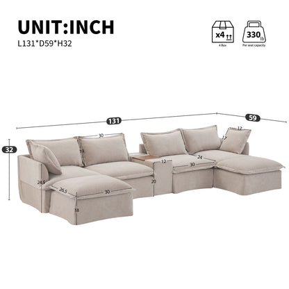 Canapé sectionnel en U Roomfitters avec pouf, console et porte-gobelet, canapé 6 places en chenille avec chargeur USB