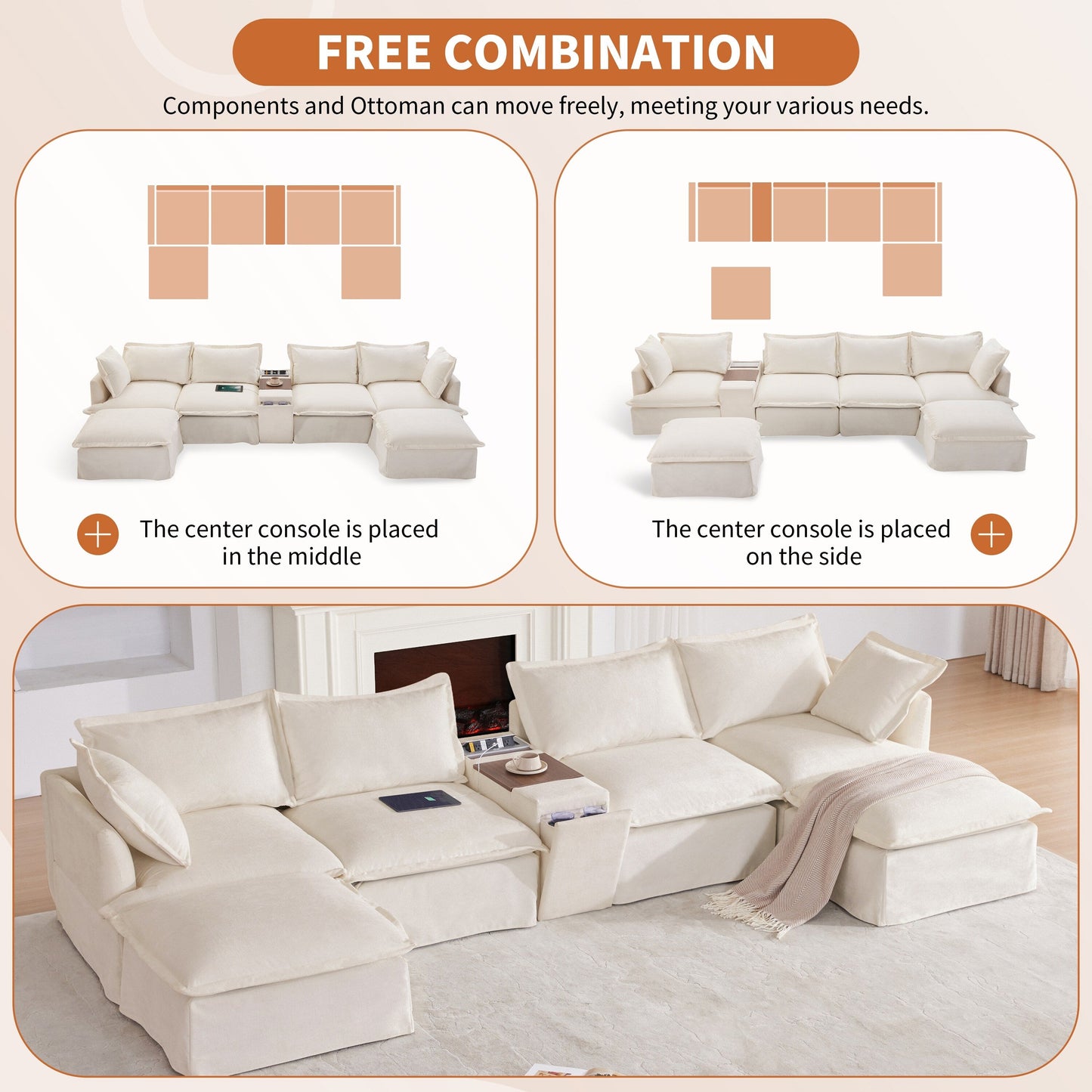 Canapé sectionnel en U Roomfitters avec pouf, console et porte-gobelet, canapé 6 places en chenille avec chargeur USB