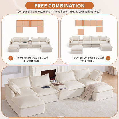 Canapé sectionnel en U Roomfitters avec pouf, console et porte-gobelet, canapé 6 places en chenille avec chargeur USB