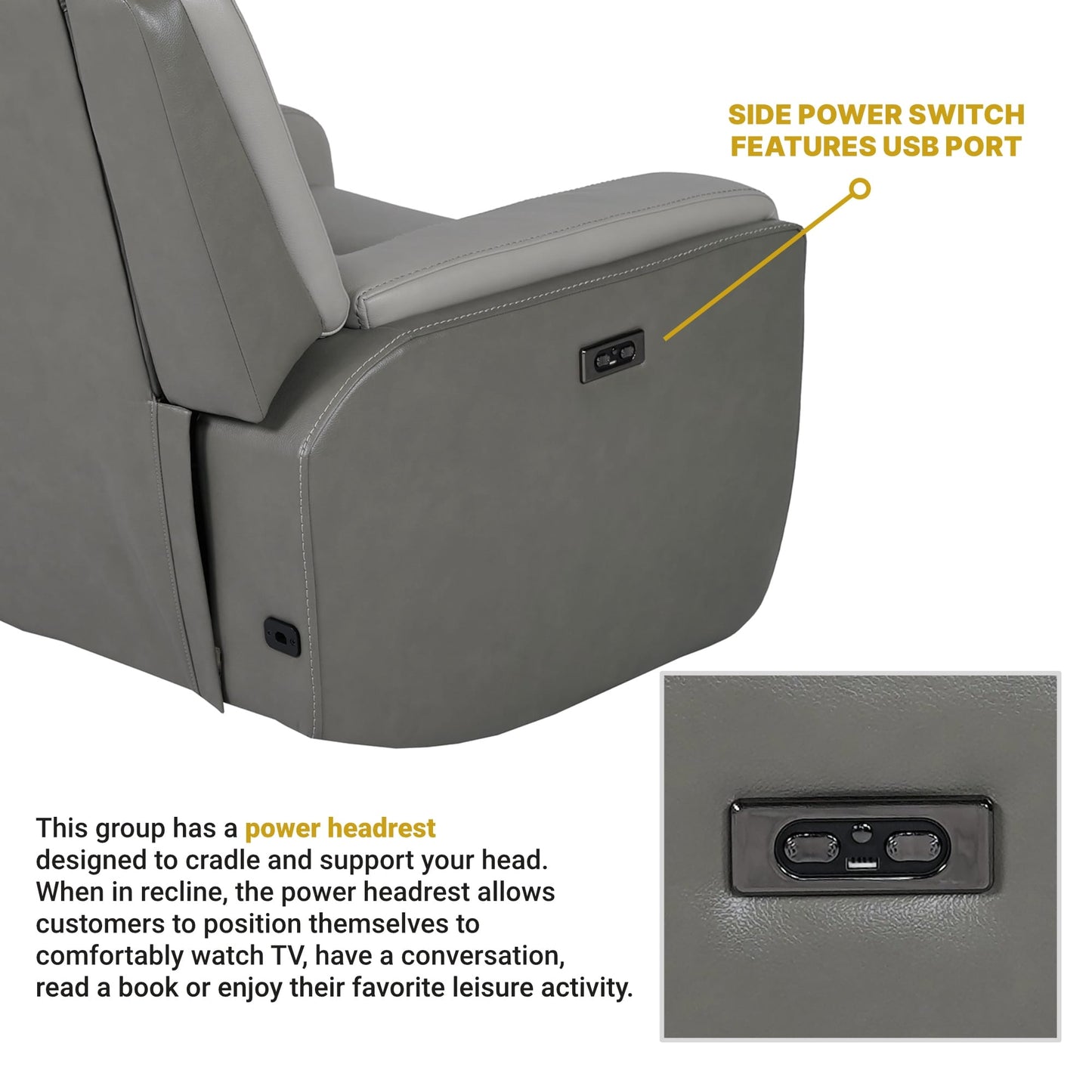 Fauteuil inclinable électrique Rosalyn Zero Gravity en cuir argenté et gris avec appui-tête électrique