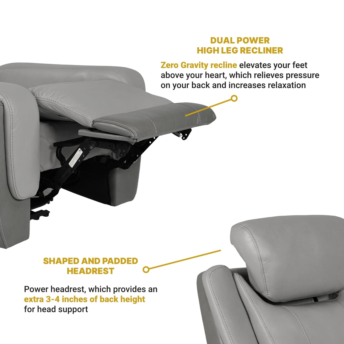 Fauteuil inclinable électrique Rosalyn Zero Gravity en cuir argenté et gris avec appui-tête électrique