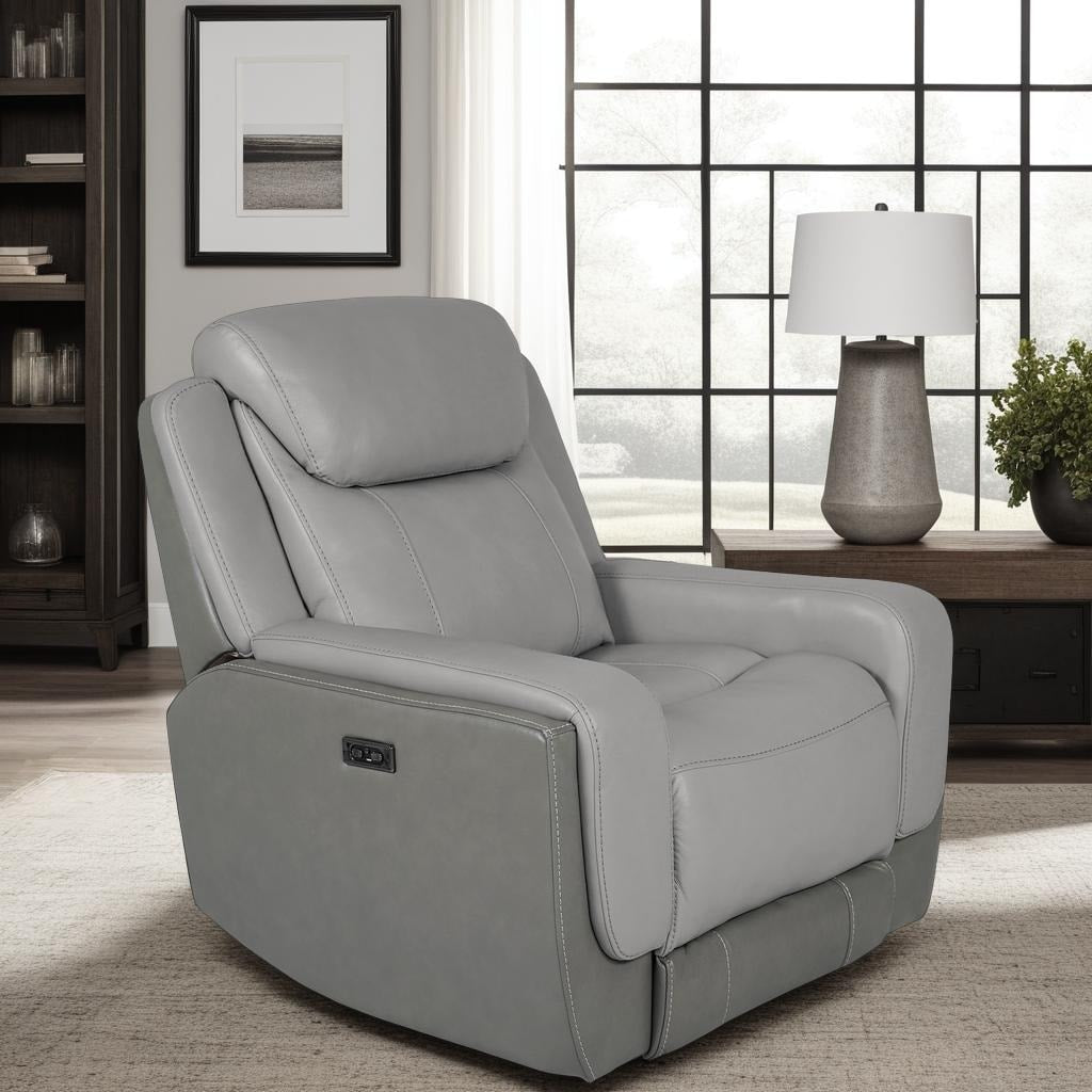 Fauteuil inclinable électrique Rosalyn Zero Gravity en cuir argenté et gris avec appui-tête électrique