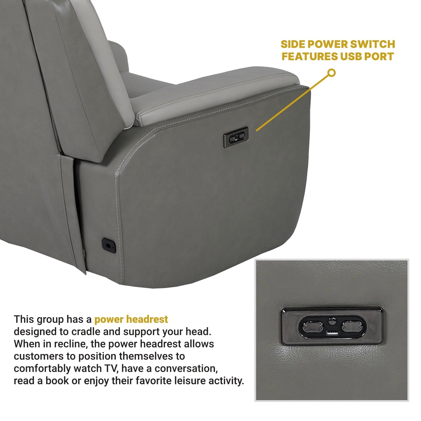 Fauteuil inclinable électrique Rosalyn Zero Gravity en cuir argenté et gris avec appui-tête électrique