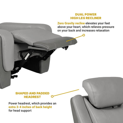 Fauteuil inclinable électrique Rosalyn Zero Gravity en cuir argenté et gris avec appui-tête électrique