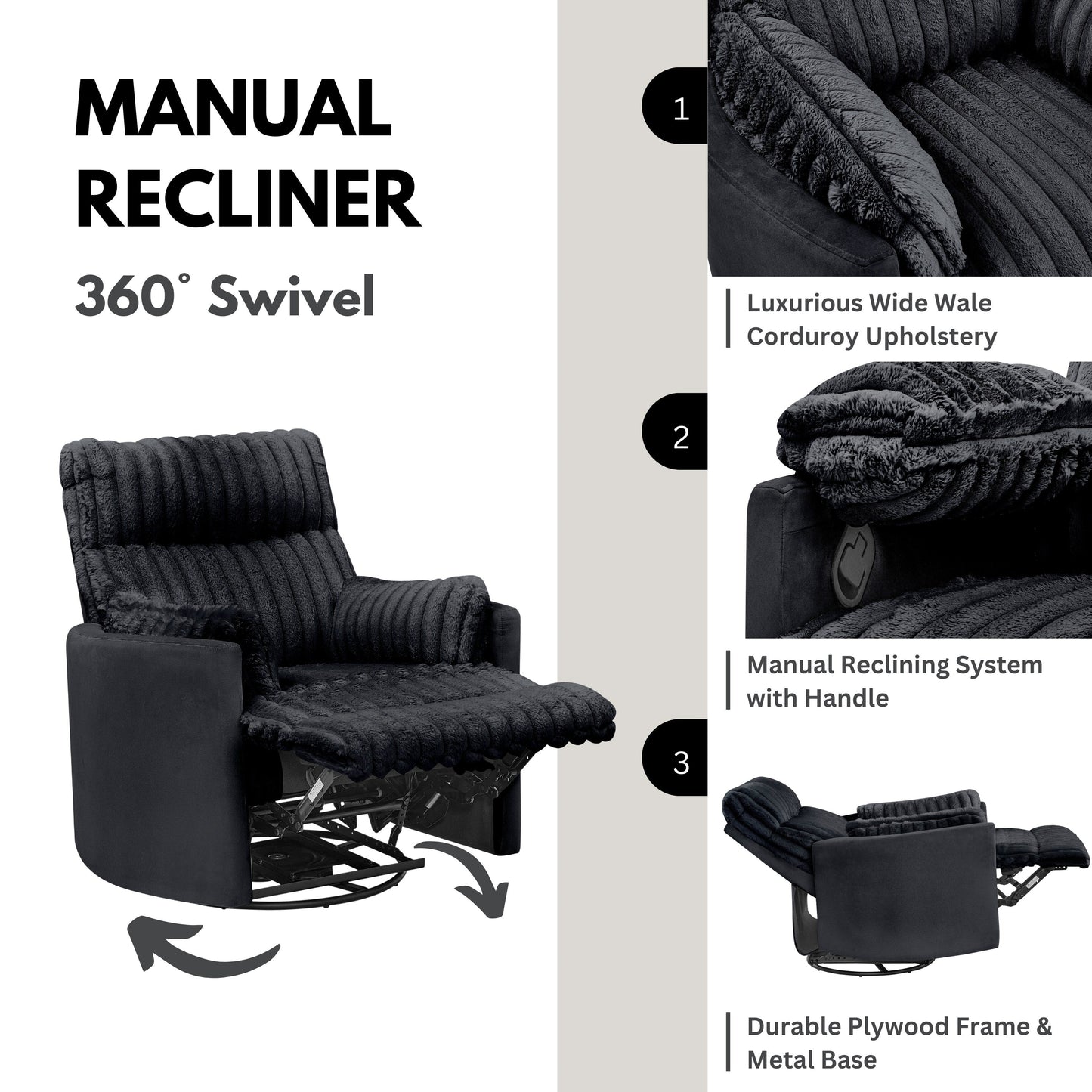 Fauteuil inclinable manuel Bocaton Wide Wale en velours côtelé de Roundhill Furniture