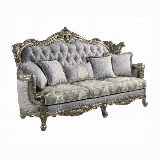 Canapé Royale, 5 coussins, tissu gris, bois bronze antique, 230 cm